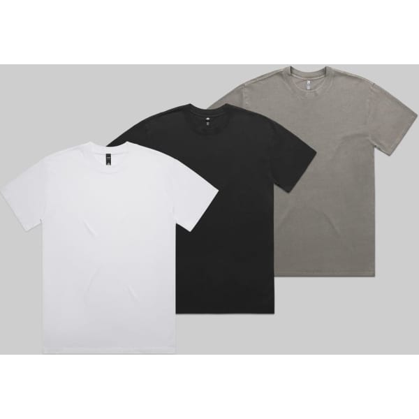 A bundle of three T-shirts in white, black, and faded olive green, featuring a logo on the label.