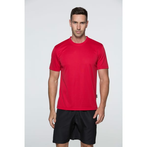A red men's T-shirt, short-sleeved, displayed on a model wearing black shorts. The shirt features a logo.