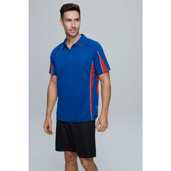 A blue polo shirt with red accents and a logo, being worn by a model against a plain background.