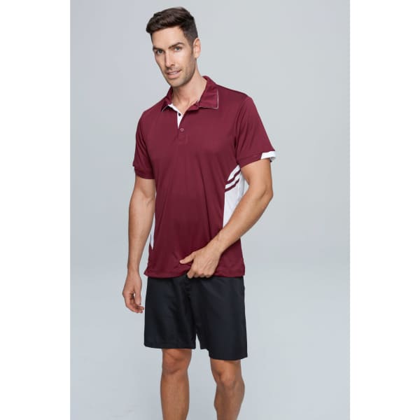 A maroon polo shirt with white accents, featuring a collar and short sleeves, displayed on a model.