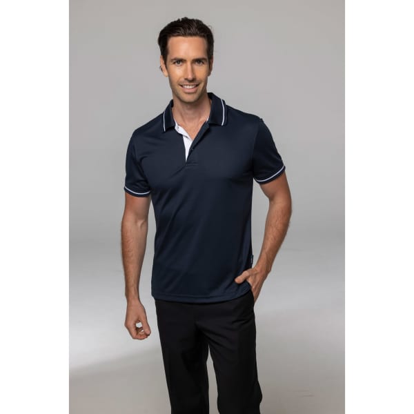 A navy polo shirt with a white collar and trim, featuring a logo on the chest.
