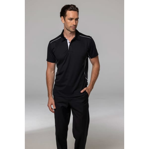 A black men's polo shirt with white accents and a collar, displayed on a male model.