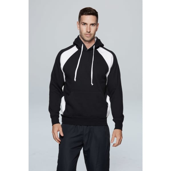 A black hoodie featuring white accents, with a drawstring hood and kangaroo pocket. It has a logo on the front.