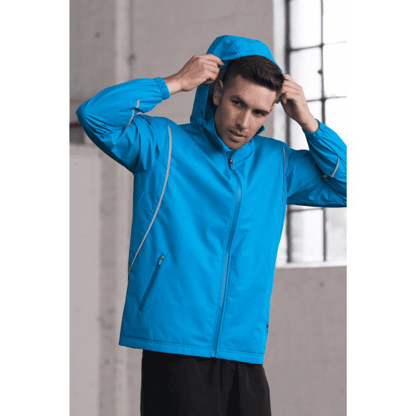 A blue men's jacket with a hood, featuring a front zip and reflective detailing.