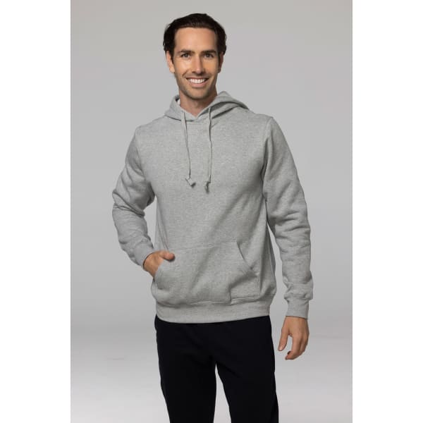 A grey men's hoodie featuring a front pocket and an adjustable hood. The model is smiling and wearing dark pants.