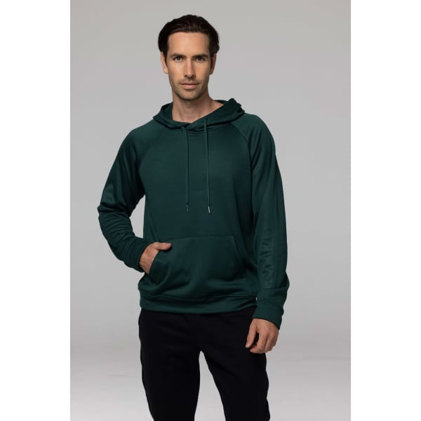 A men's hooded jumper in a deep green colour, featuring a front pocket and a drawstring hood.