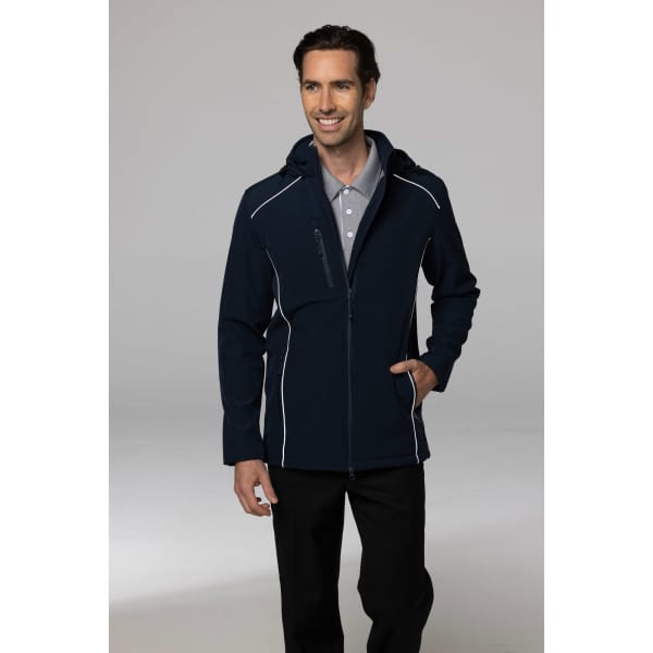 A navy men's jacket with a hood, featuring white piping and a zippered pocket, paired with a grey polo shirt.