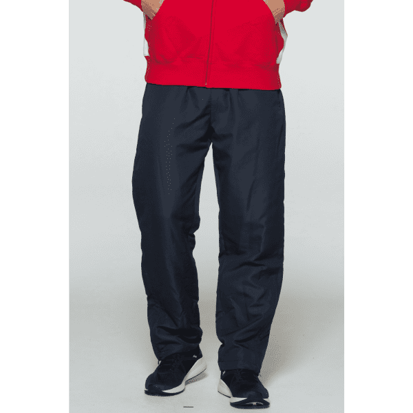 Navy track pants for men, featuring an elastic waistband and relaxed fit, complemented by a red hoodie.
