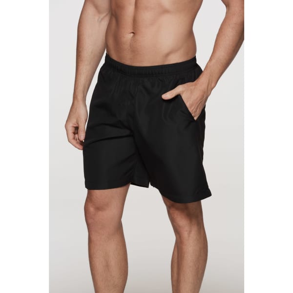 Black men's sports shorts with an elastic waistband and side pocket. The shorts have a smooth texture and a logo.