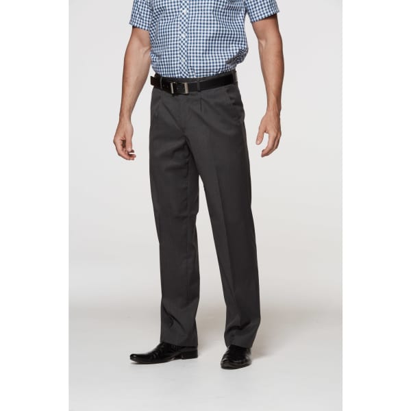 Men's pleated slacks in dark grey, paired with a checked shirt and a black belt, displayed on a model.
