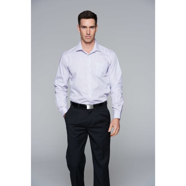 A long sleeve button-up shirt in light purple, featuring a pocket and paired with dark trousers.