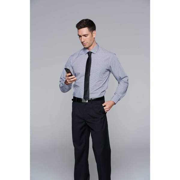 A long sleeve button-up shirt in a grey check pattern, paired with black trousers, worn by a man holding a smartphone.