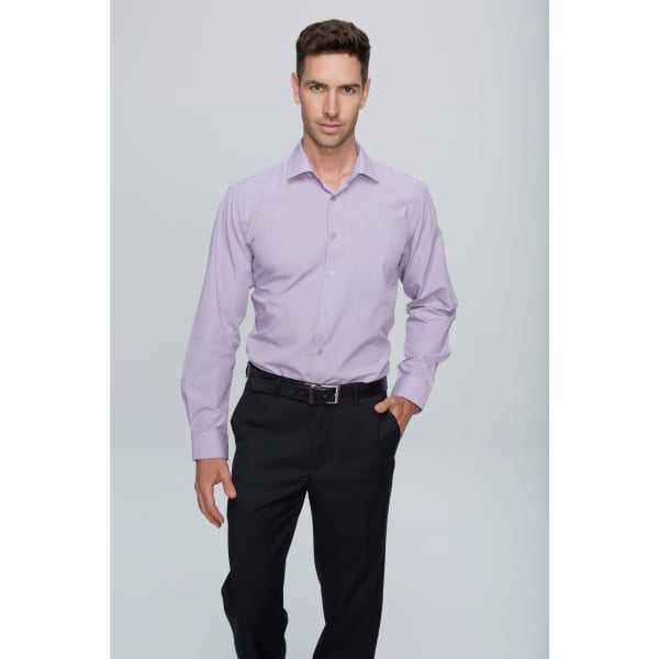 A long sleeve button-up shirt in light purple, worn by a man, with a belt and black trousers. The shirt has a logo.