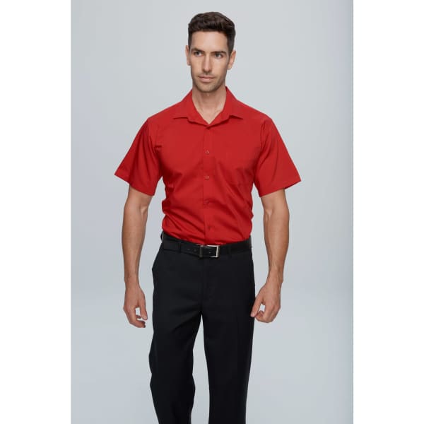 A red short-sleeve button-up shirt worn by a model, featuring a collar and a logo on the chest.