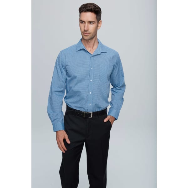 A long sleeve button-up shirt in blue, featuring a subtle stripe design, paired with black trousers.