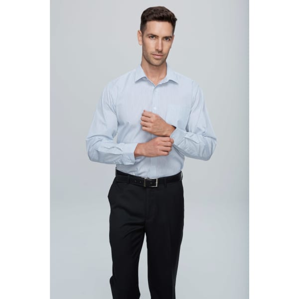 A long-sleeve button-up shirt in light blue and white stripes, worn with black trousers. The model is adjusting the cuff.