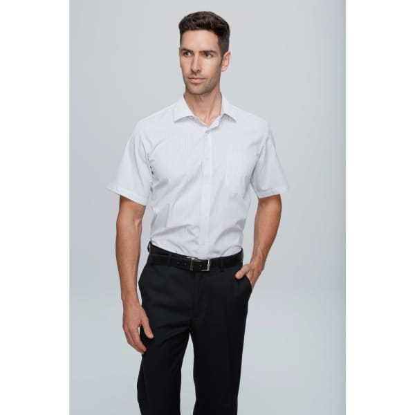 A short sleeve button-up shirt in white with subtle stripes, featuring a single chest pocket and a classic collar.