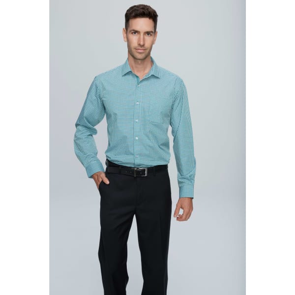 A long sleeve button-up shirt in a teal and white check pattern, worn with black trousers. Features a logo.