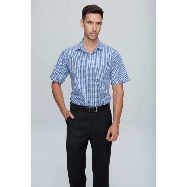A short-sleeve button-up shirt in a blue and white checkered pattern, worn with black trousers. Features a logo.