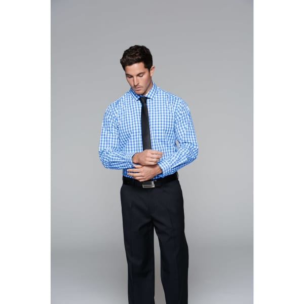 A long-sleeve button-up shirt in blue and white checkered pattern, worn with a black tie and pants. It features a logo.