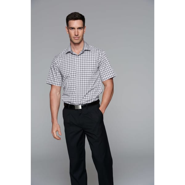 Short-sleeved men's button-up shirt in a grey and white check pattern, featuring a collar and a logo.