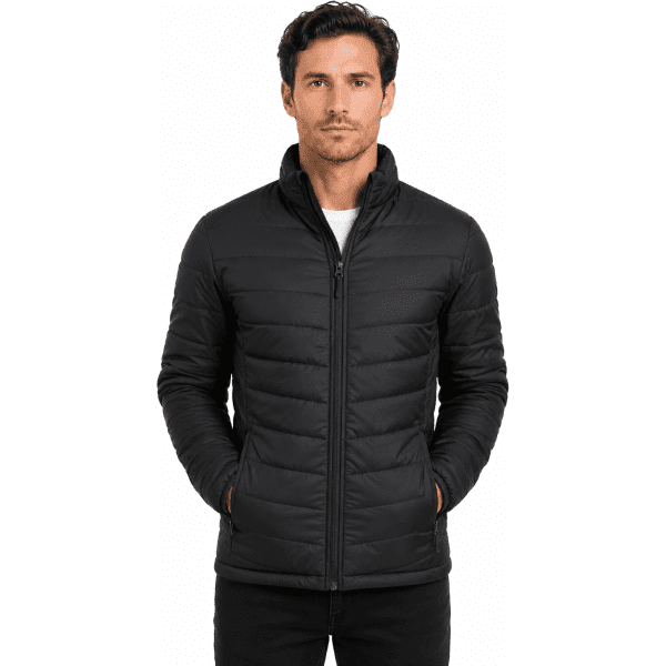 A black men's jacket with a zippered front and side pockets, featuring a puffy design and a logo.