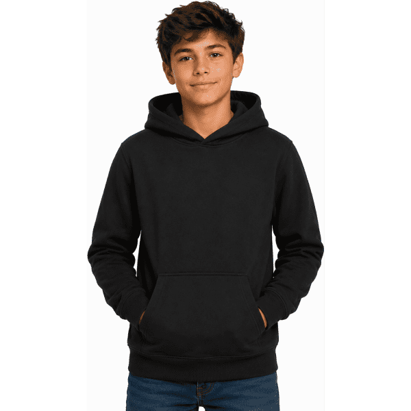 A black hoodie with a front pocket and a hood, worn by a young boy. It features a logo on the front.