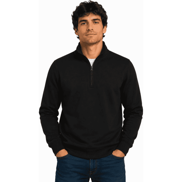 A black 1/4 zip sweater for men, featuring a stand collar and casual fit. Includes branding on the garment.