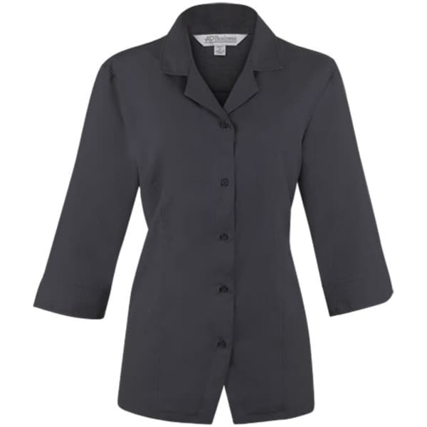 A black, button-up shirt with 3/4 sleeves and a collar, featuring a logo on the label.