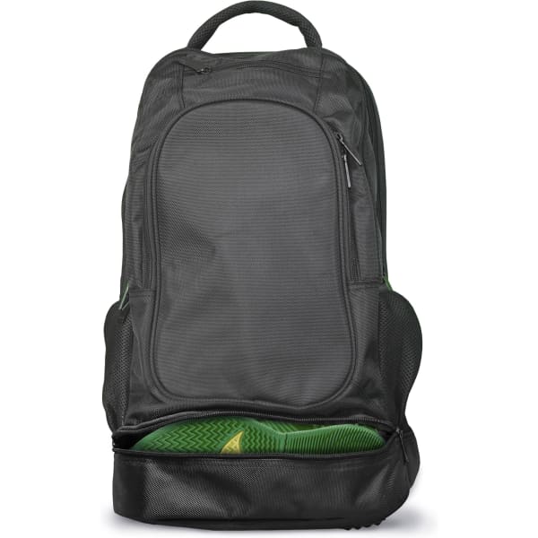 A black backpack with a spacious main compartment and green accents, featuring mesh side pockets and a handle.