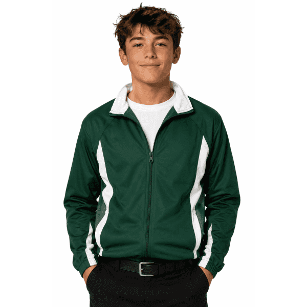A green tracktop with white accents, featuring a zip front and collar. The model is wearing black trousers.