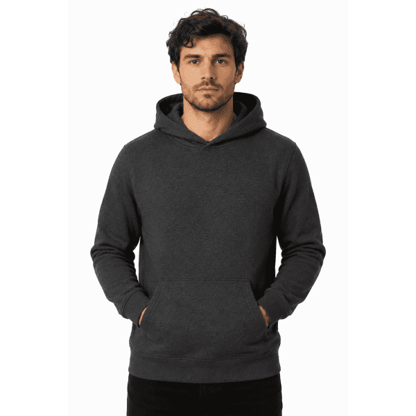 A dark grey men's hoodie with a front pocket and a hood, featuring a logo.