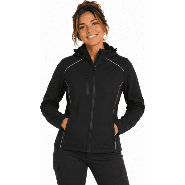 A soft shell jacket in black, featuring a zippered front and a hood, displayed on a model.