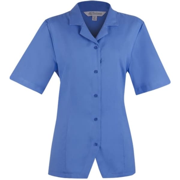A short sleeve, button-up women's shirt in a vibrant blue colour, featuring a collar and a branded tag.