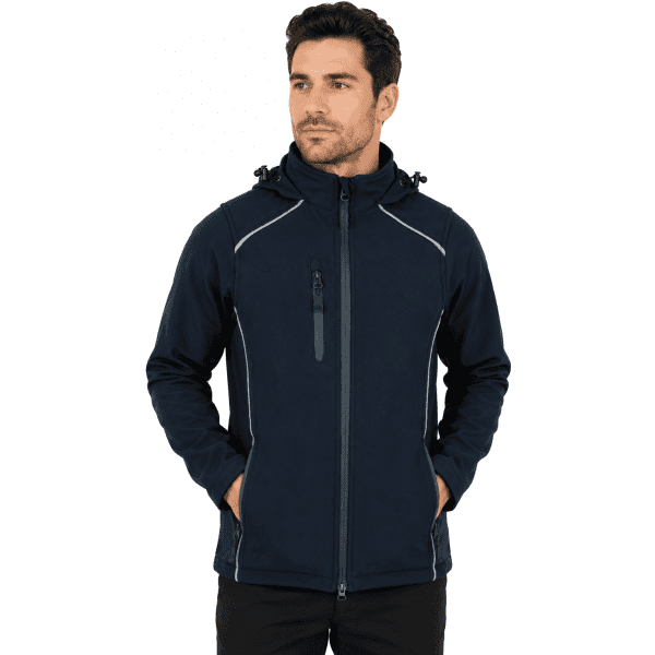 A navy blue soft shell jacket with a zippered front, hood, and side pockets, featuring a logo.