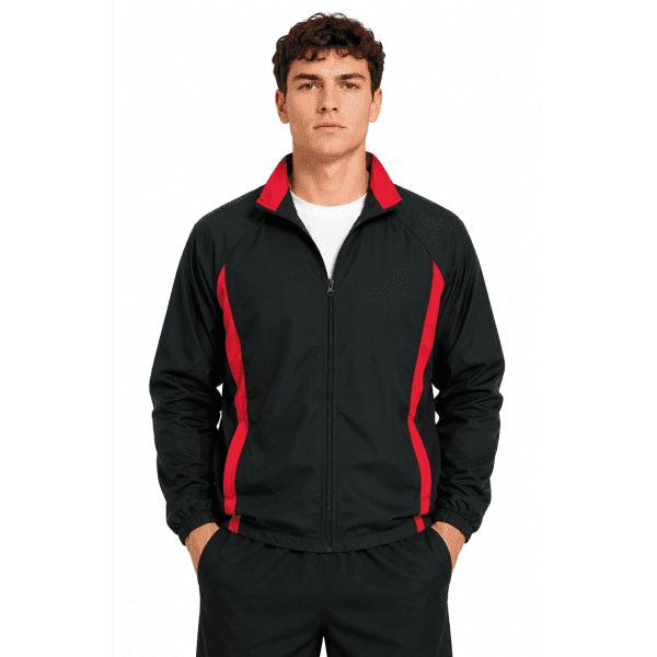 A black track jacket with red stripes, featuring a zip front and a logo on the chest.