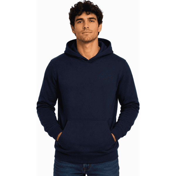 A navy blue men's hoodie features a front pocket and a hood, presented with a model wearing it.