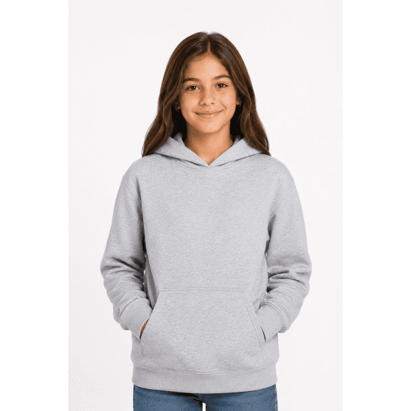 A grey hoodie for kids featuring a front pocket and a hood, modelled by a smiling young girl.