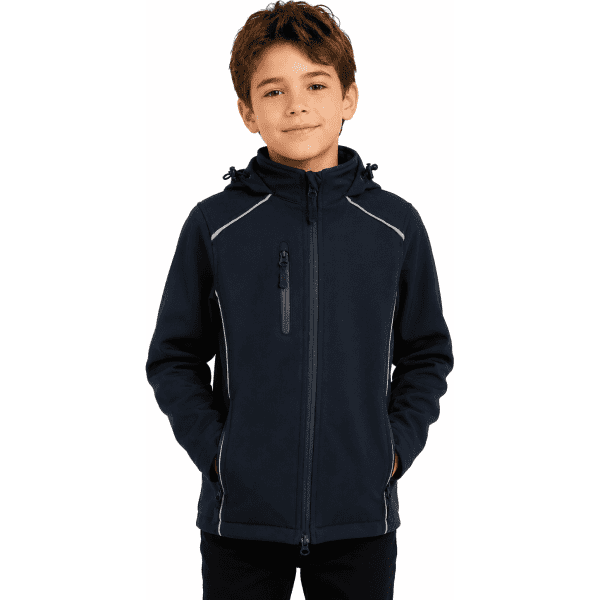 A black kids' jacket featuring a zippered pocket, with a hood and contrasting grey detailing. It has a logo on the front.