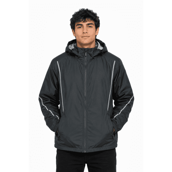 A black men's jacket featuring a hood and reflective stripes, designed for outdoor use. It has a logo on the chest.
