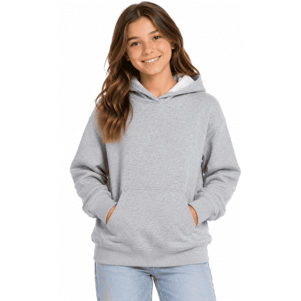A grey hoodie featuring a front pocket and a relaxed fit, suitable for kids. It has a hood and long sleeves.