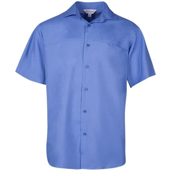A short-sleeve button-up shirt in a light blue colour with a front pocket and a logo.