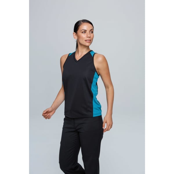 A black singlet with teal accents and a V-neck design, featuring a logo on the side.