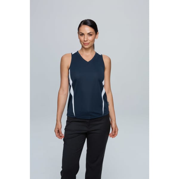 A navy singlet with white side accents, displayed on a model against a neutral background.