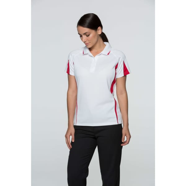 A polo shirt in white with red accents, featuring short sleeves and a collar. Includes a logo on the chest.