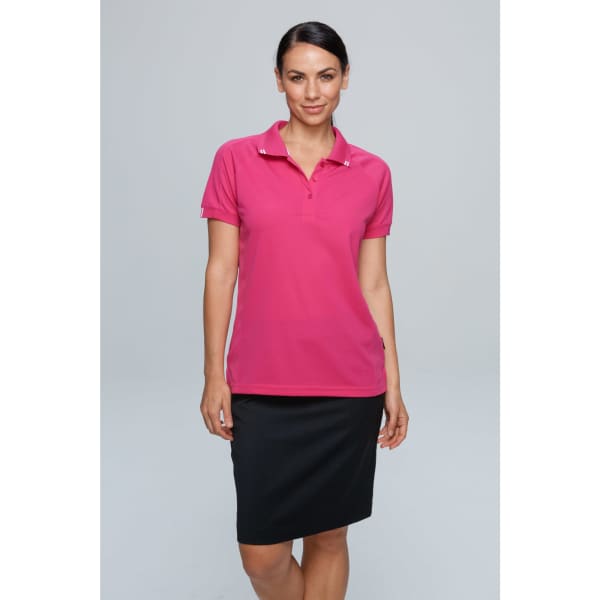 A pink polo shirt with short sleeves, paired with a black skirt, featuring a logo on the collar.