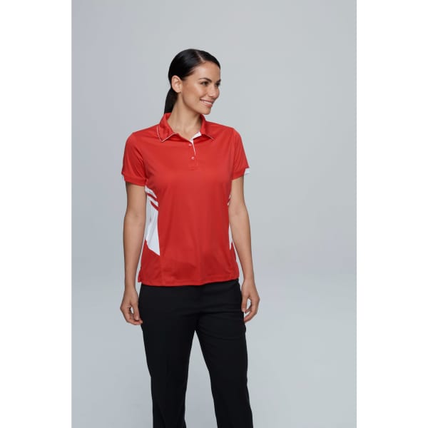 A red polo shirt with white accents, featuring a logo, displayed on a model.
