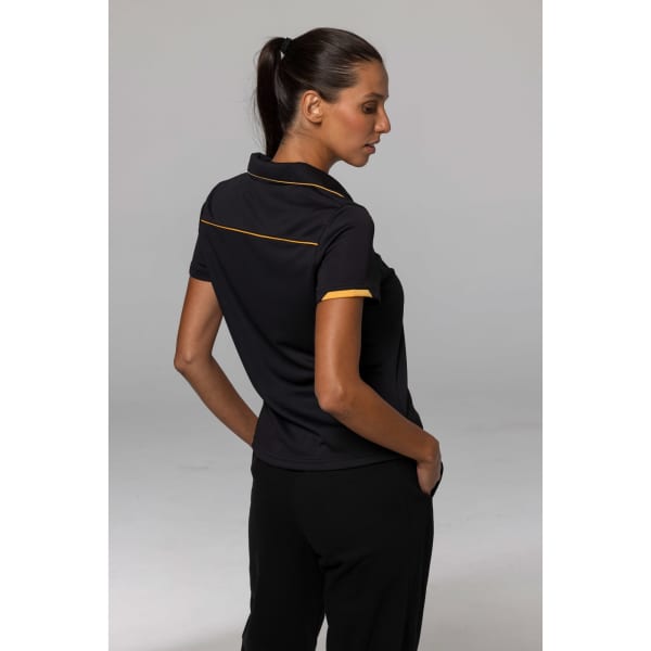 A black polo shirt with yellow trim, featuring a collar and short sleeves, displayed on a model from the back.