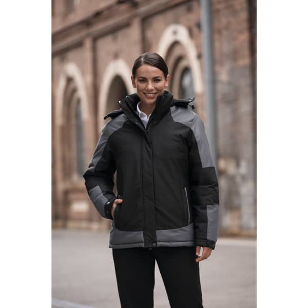 A black and grey KINGSTON LADY JACKET featuring a hood, zippered pockets, and a modern fit.