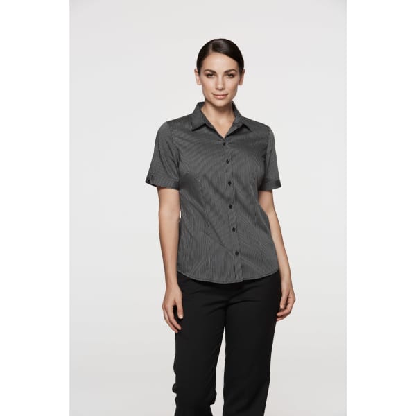 A short-sleeve button-up shirt in black and grey stripes, featuring a collar and buttons, modelled by a woman.